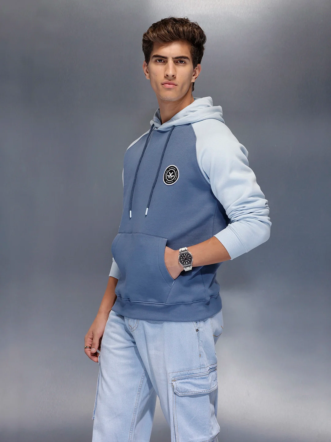 Minimal Dual-Tone Casual Hoodie | Blue - Image 4