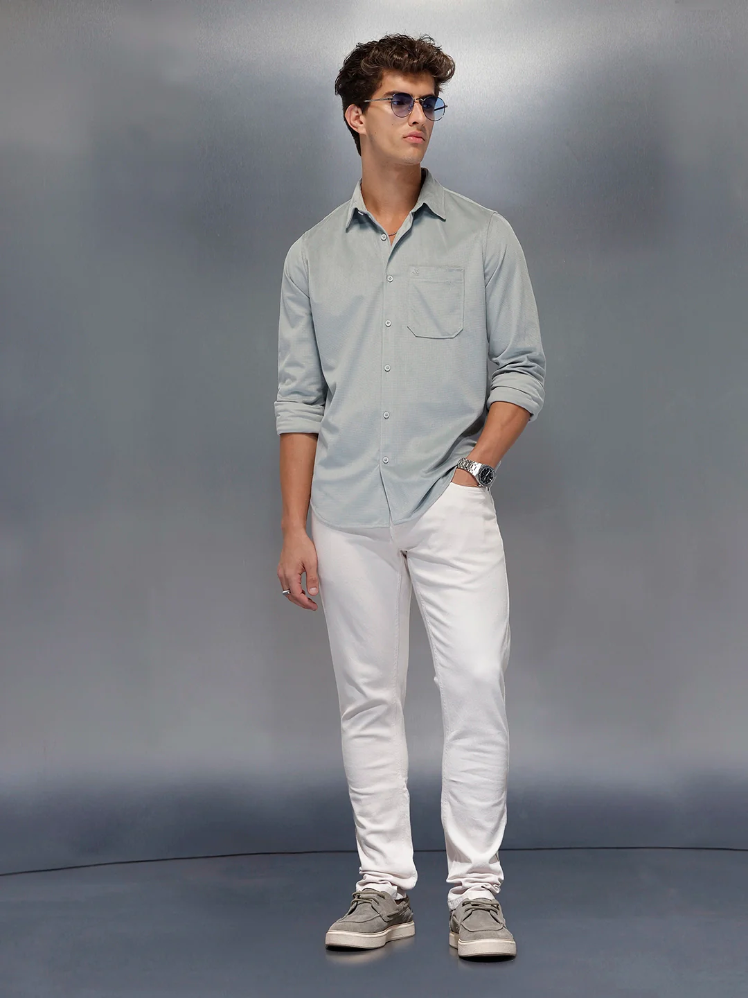 Minimal Textured Botton Down Shirt | Grey - Image 2