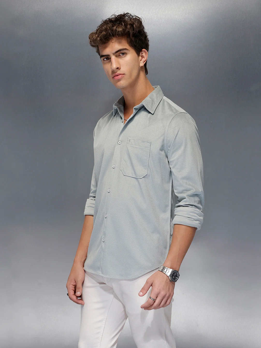 Minimal Textured Botton Down Shirt | Grey - Image 4