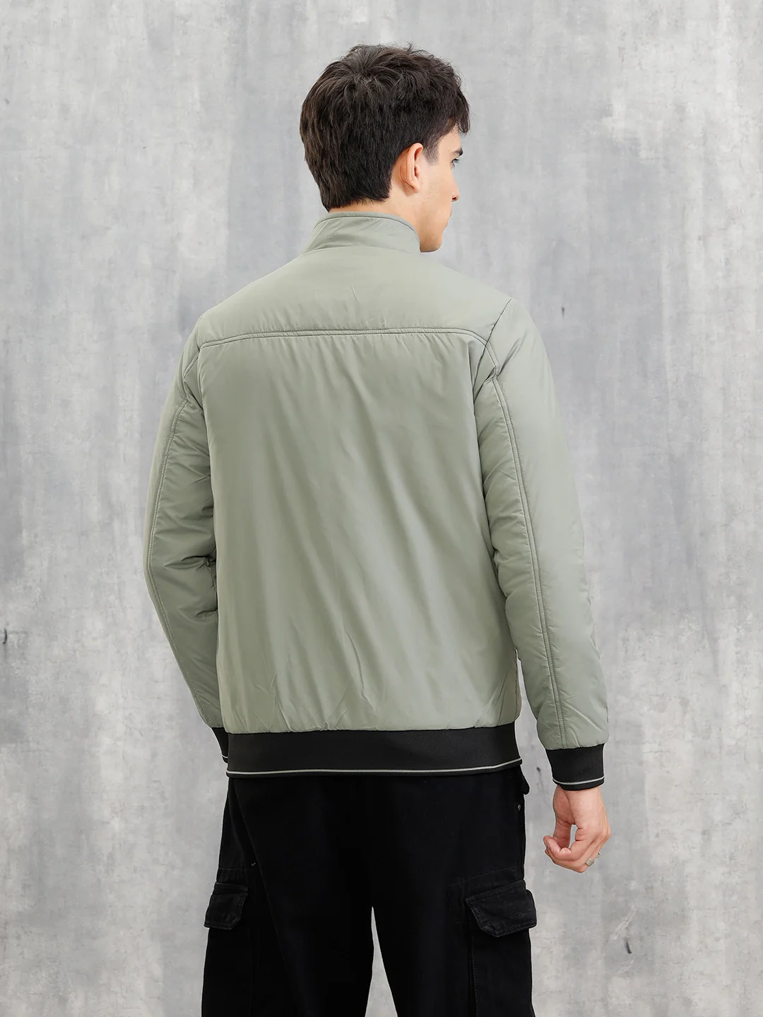 Mock Neck Full Zippered Regular Fit Jacket | Green - Image 3