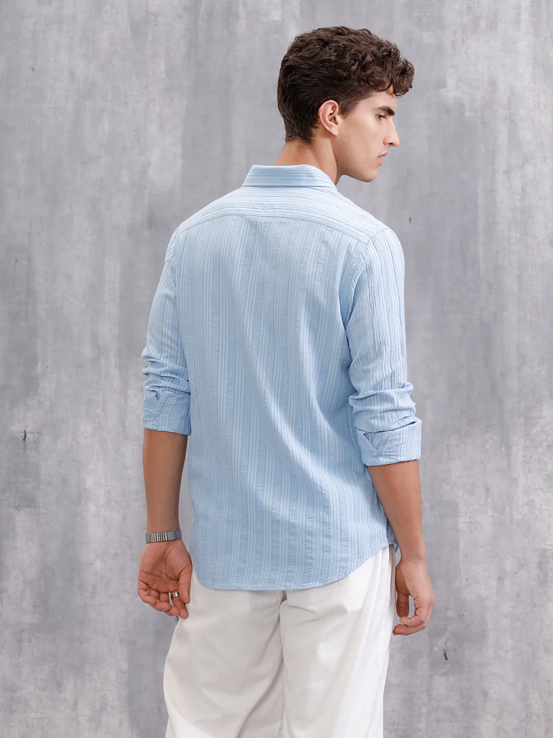 Modal Blend Seersucker Shirt In Slim Fit | Light Blue - Image 3