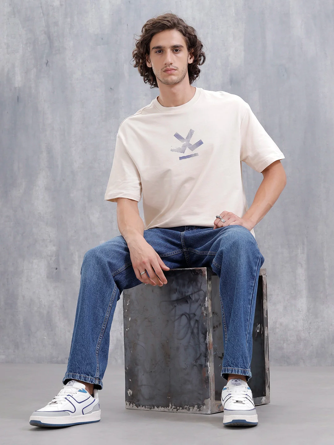 Mythical Faces Oversized Cotton Back Print T-Shirt | Beige - Image 2