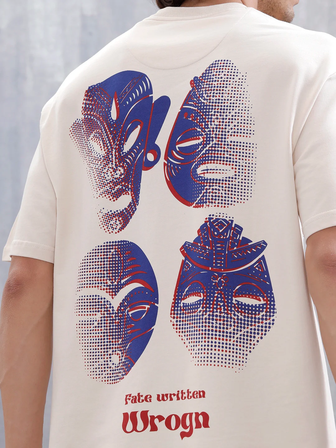 Mythical Faces Oversized Cotton Back Print T-Shirt | Beige - Image 5