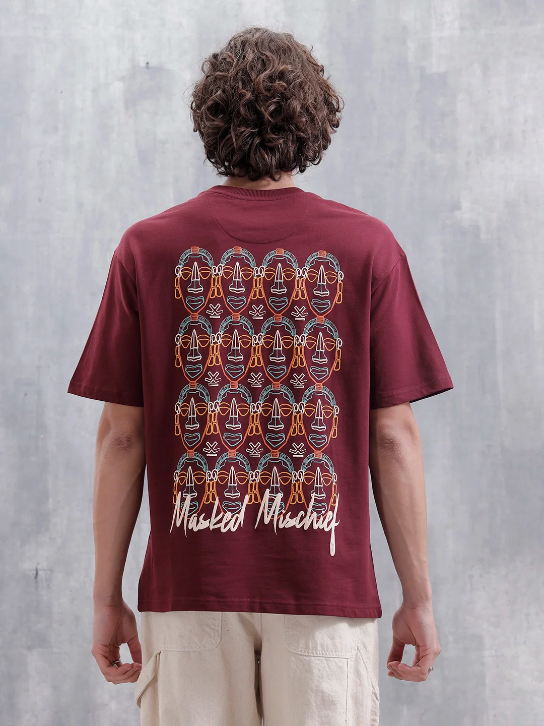 Mythical Faces Oversized Cotton Back Print T-Shirt | Maroon - Image 3