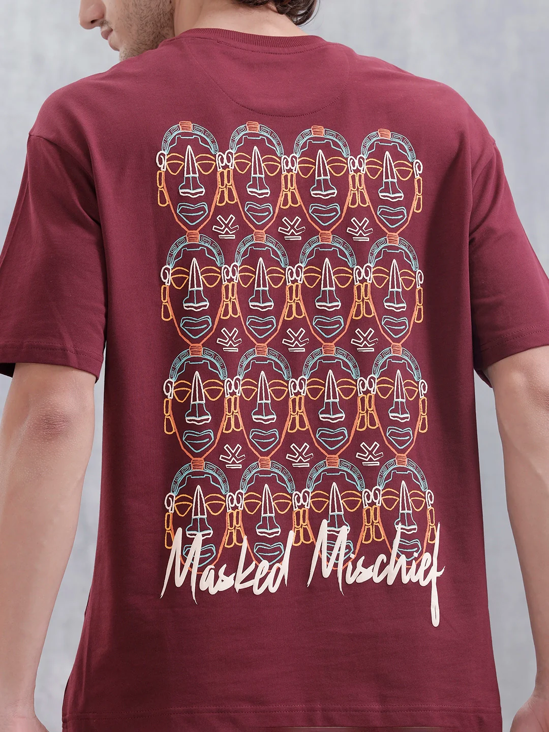Mythical Faces Oversized Cotton Back Print T-Shirt | Maroon - Image 5