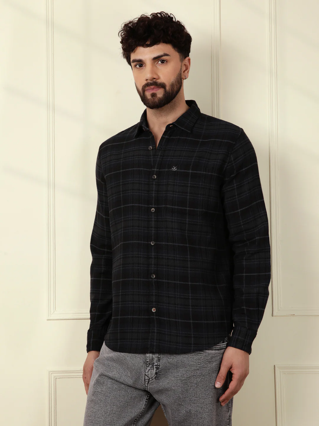 Textured Tonal Check Shirt | Navy Blue - Image 4