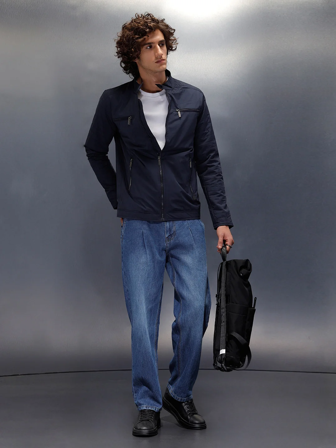 Nylon Regular Fit Classic Biker Jacket | Navy Blue - Image 2