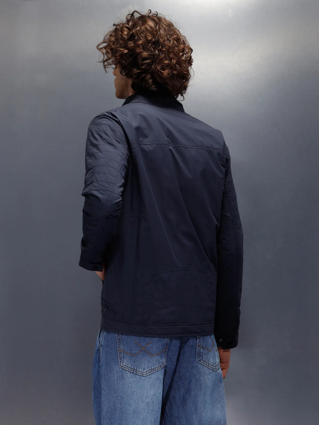 Nylon Regular Fit Classic Biker Jacket | Navy Blue - Image 3