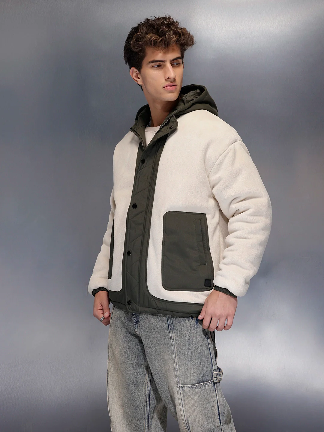 Olive Block Sherpa-Panel Jacket | Beige - Image 4
