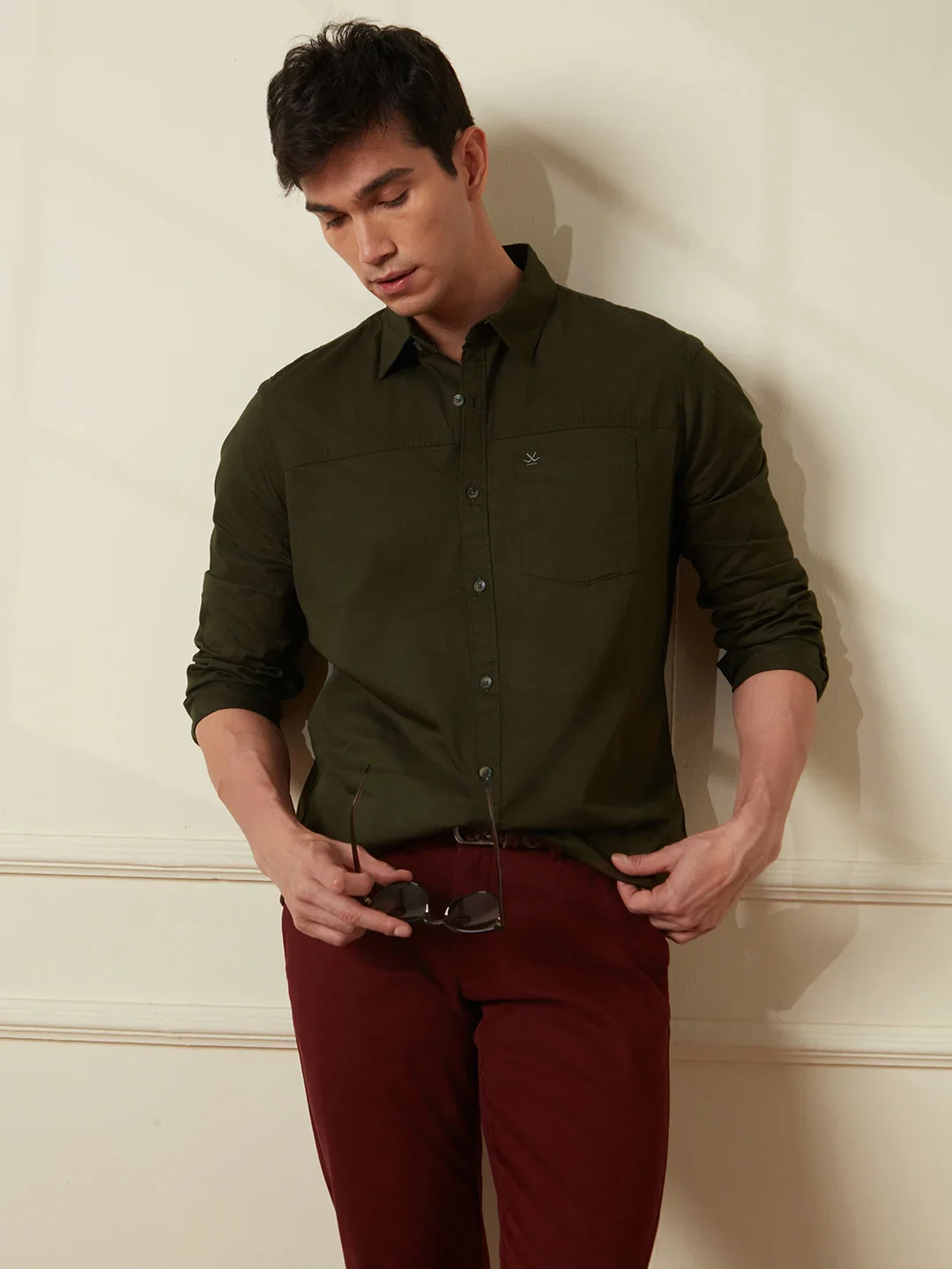 Cut & Sew Slim Fit Shirt | Olive - Image 3