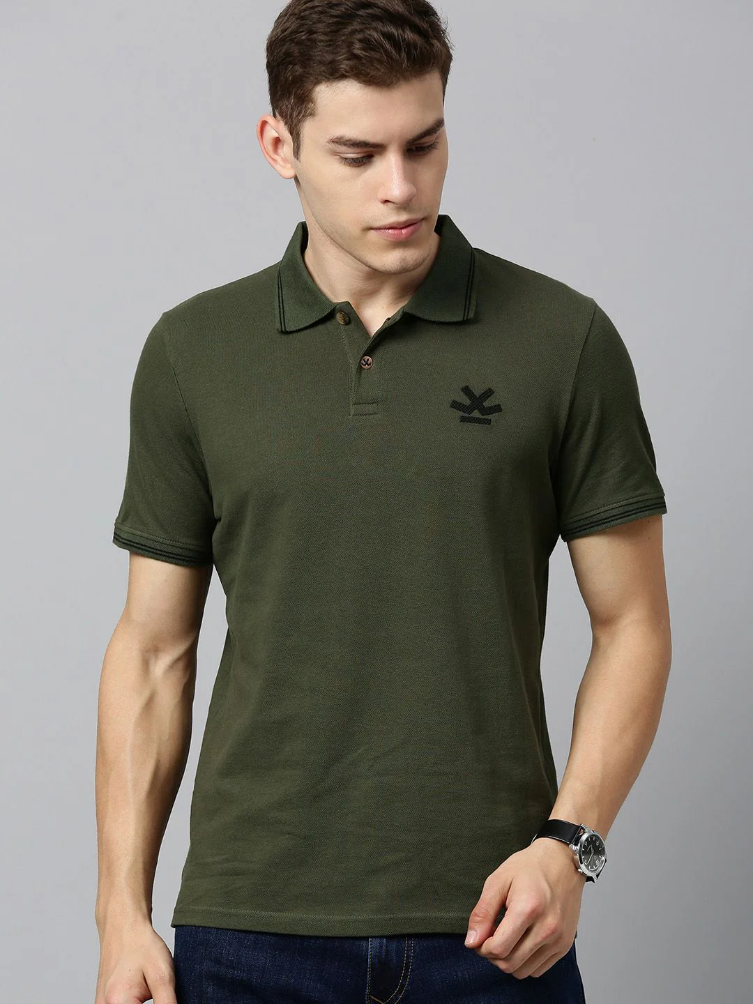 Olive Green Solid Cotton Polo T-Shirt - Image 3