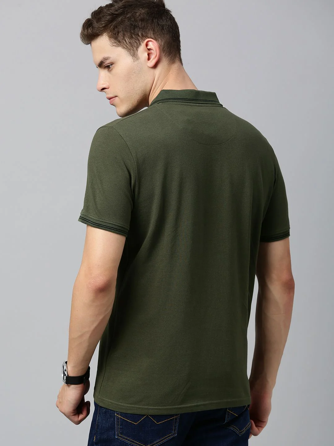Olive Green Solid Cotton Polo T-Shirt - Image 4