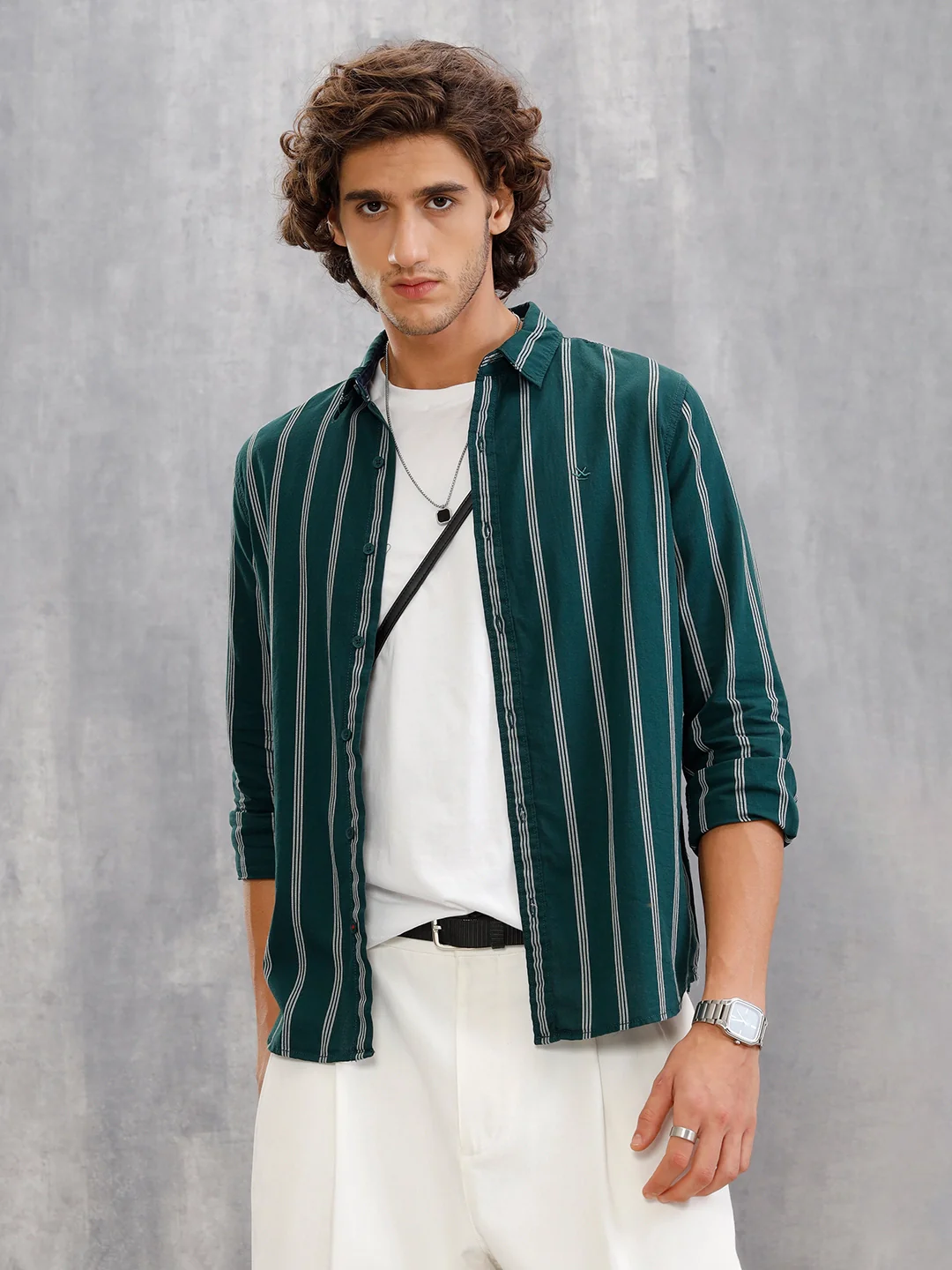 Open Dobby Stripe Shirt In Regular Fit | Dark Green