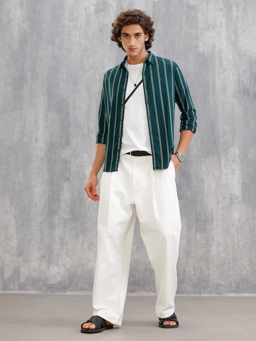 Open Dobby Stripe Shirt In Regular Fit | Dark Green - Image 2