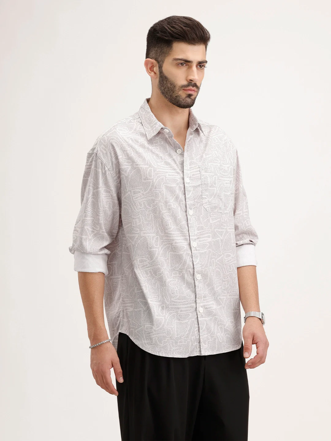 Oversized AOP Full Sleeved Shirt | Grey - Image 4