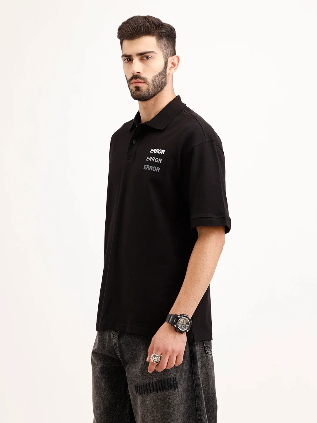 Oversized Back Printed Polo T-Shirt | Black - Image 4