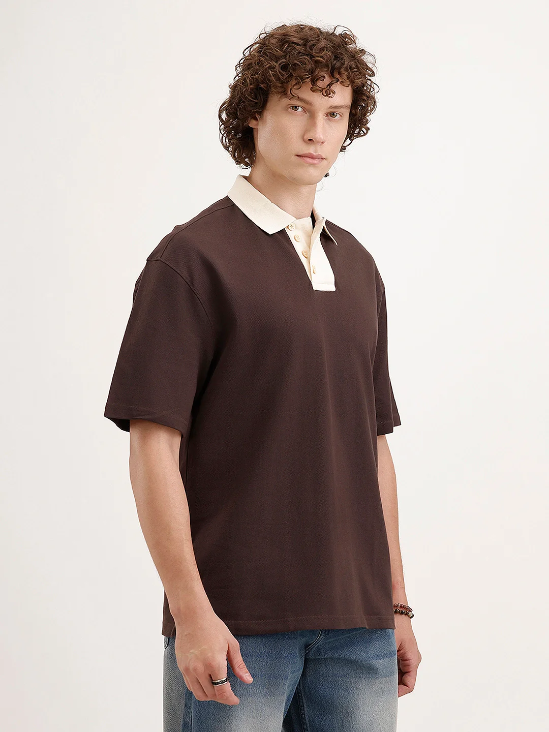 Oversized Contrast Collar T-Shirt | Brown - Image 4