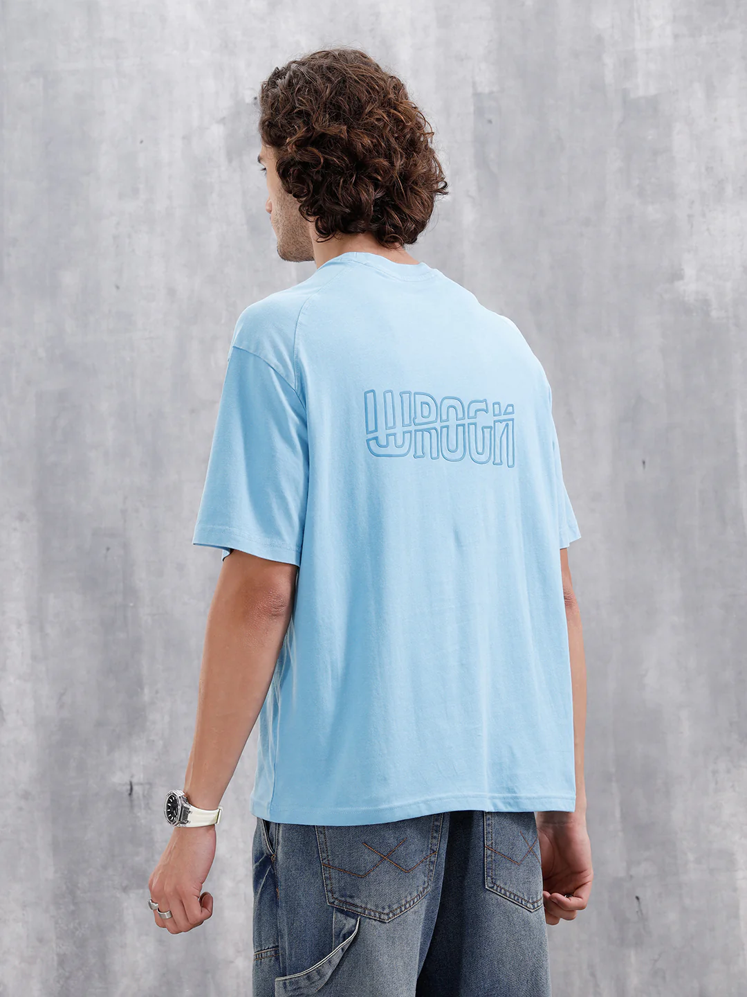 Oversized Crew Neck T-Shirt With Puff Print | Light Blue - Image 3