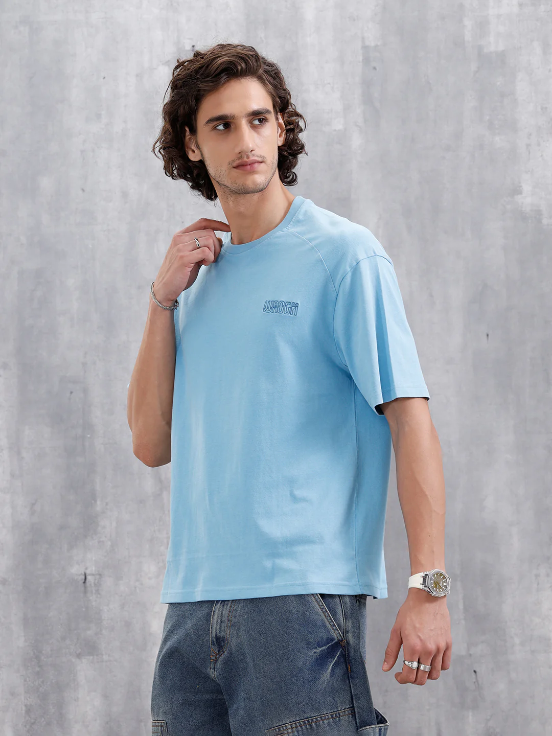 Oversized Crew Neck T-Shirt With Puff Print | Light Blue - Image 4