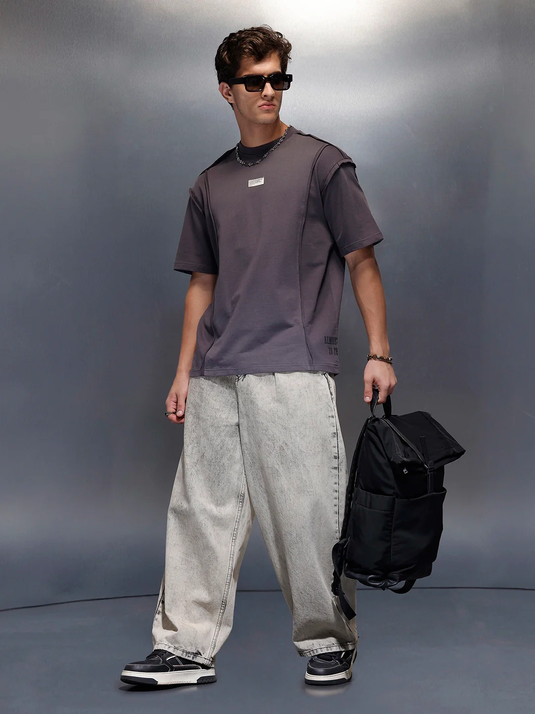 Oversized Cut And Sew T-Shirt   |  Charcoal - Image 2