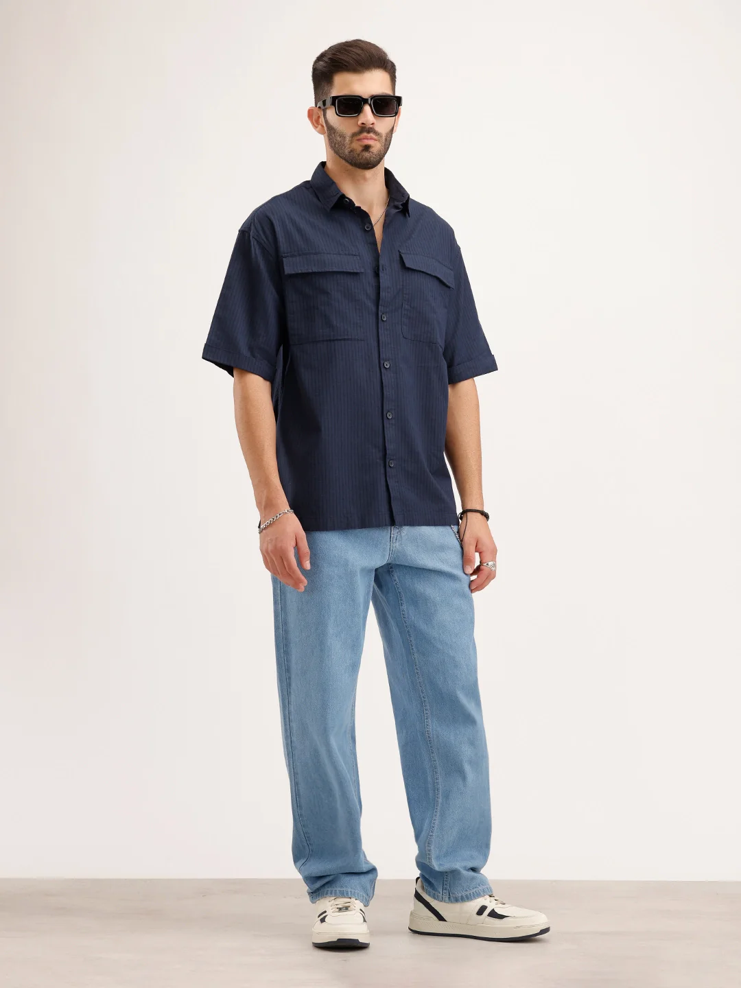 Oversized Linen Blend Striped Shirt | Navy - Image 2