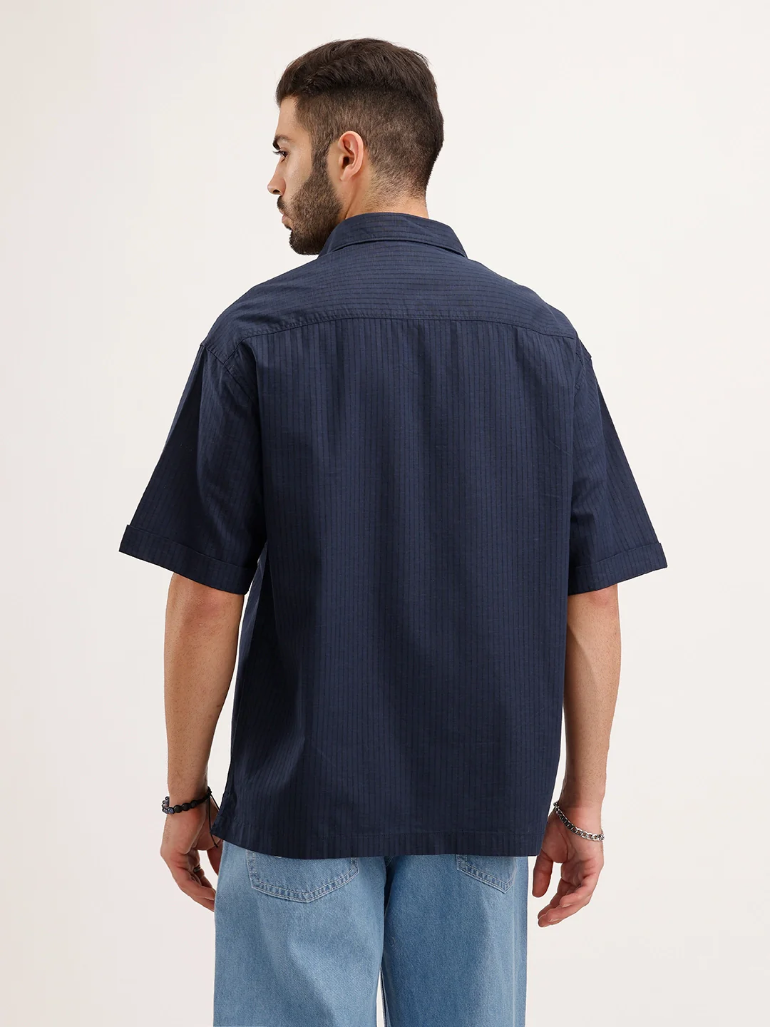 Oversized Linen Blend Striped Shirt | Navy - Image 3
