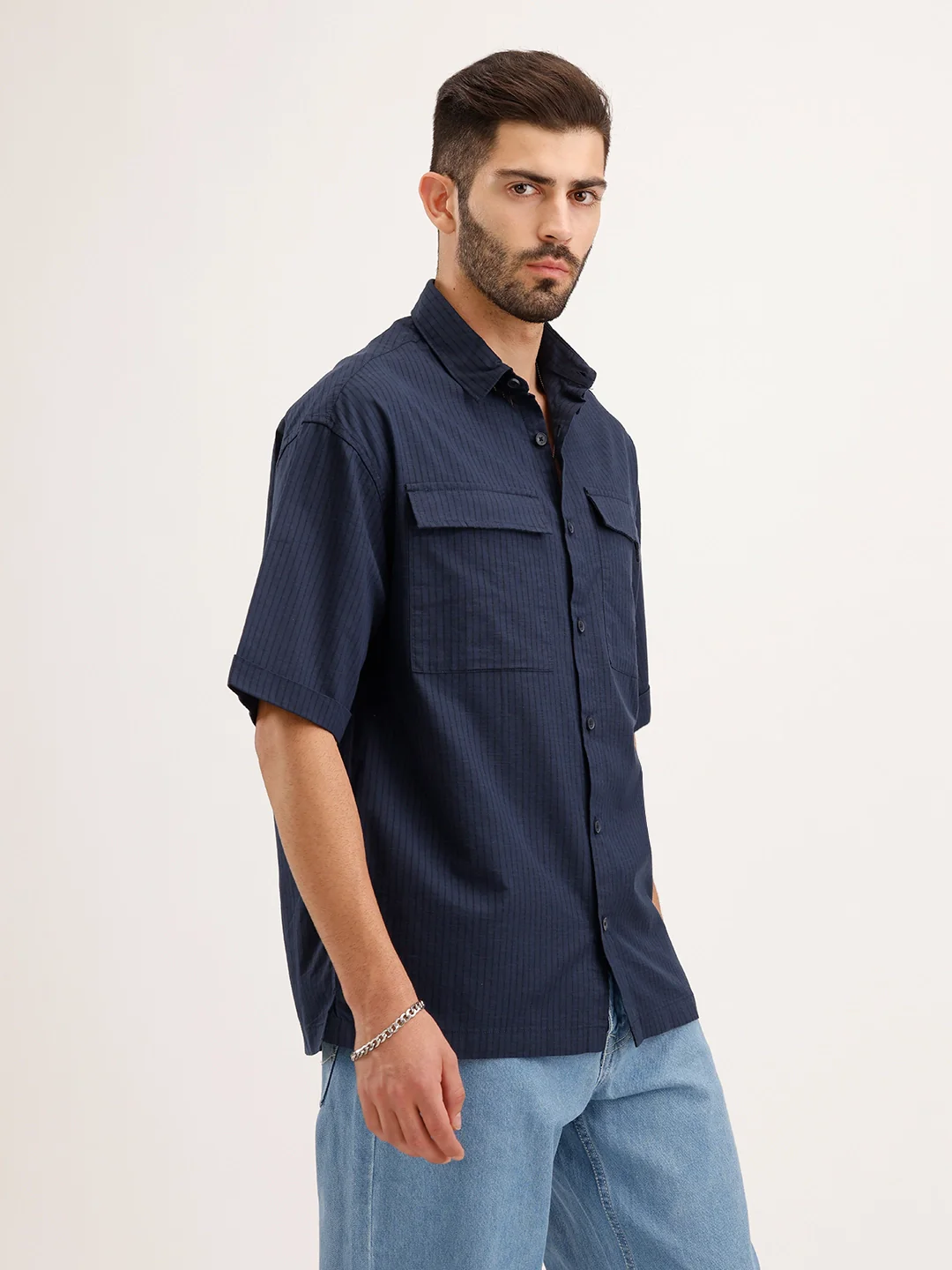 Oversized Linen Blend Striped Shirt | Navy - Image 4