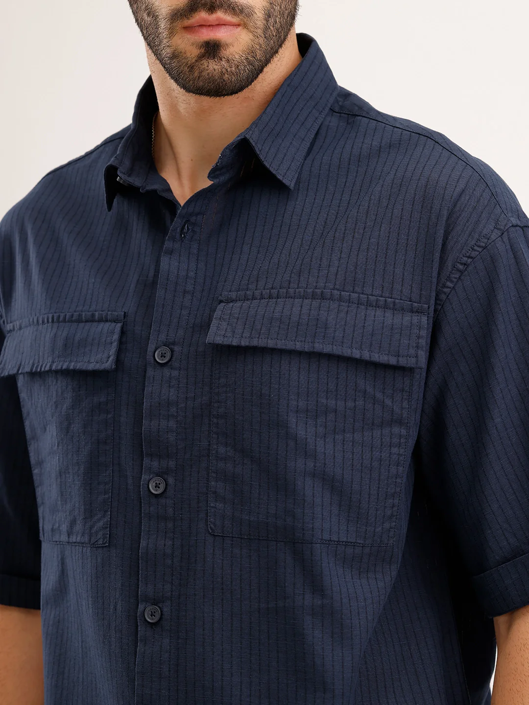 Oversized Linen Blend Striped Shirt | Navy - Image 5
