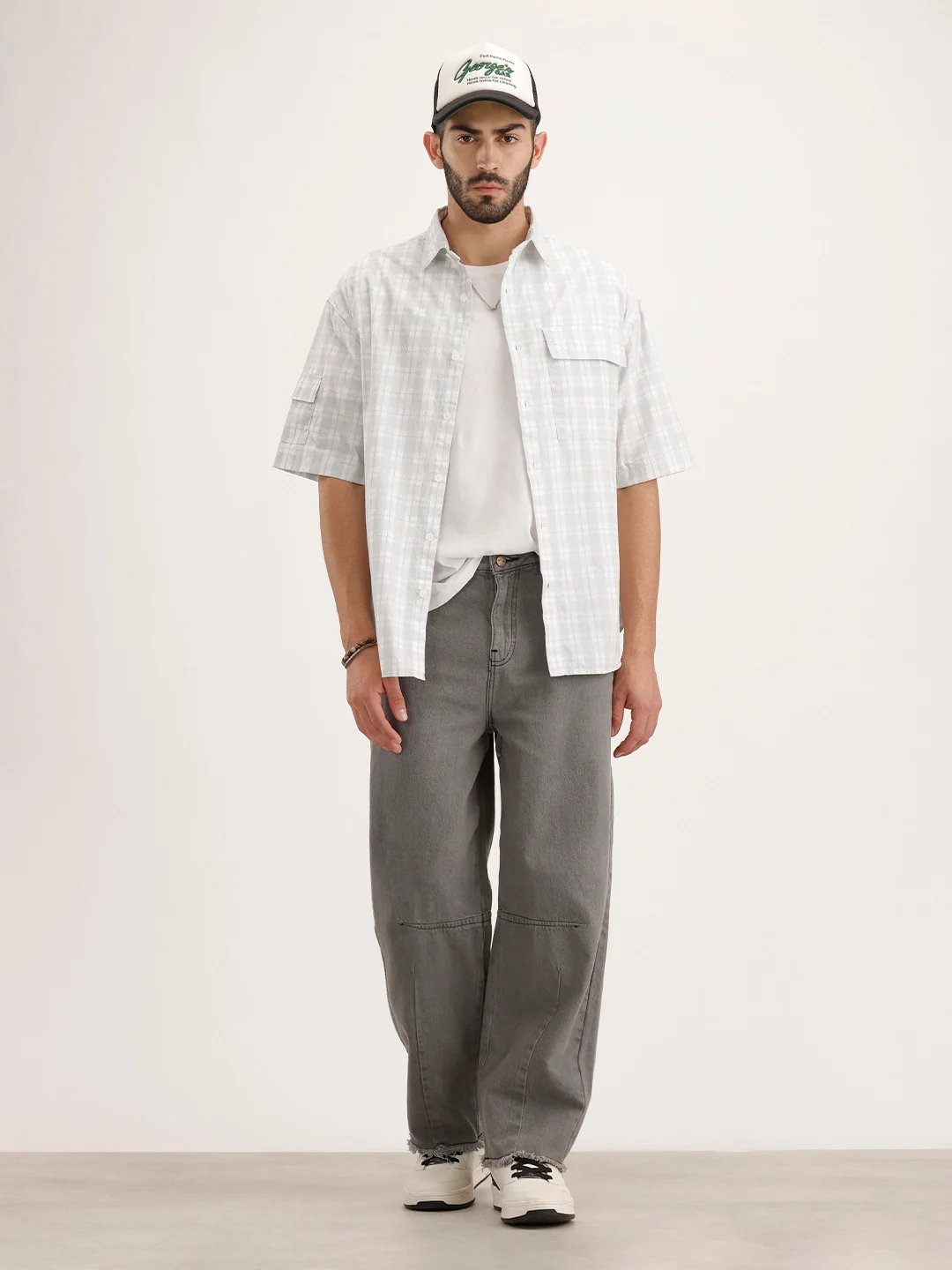 Oversized Fit Checkered Half Sleeve Shirt | White - Image 2