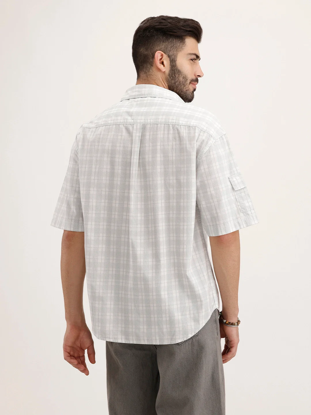 Oversized Fit Checkered Half Sleeve Shirt | White - Image 3