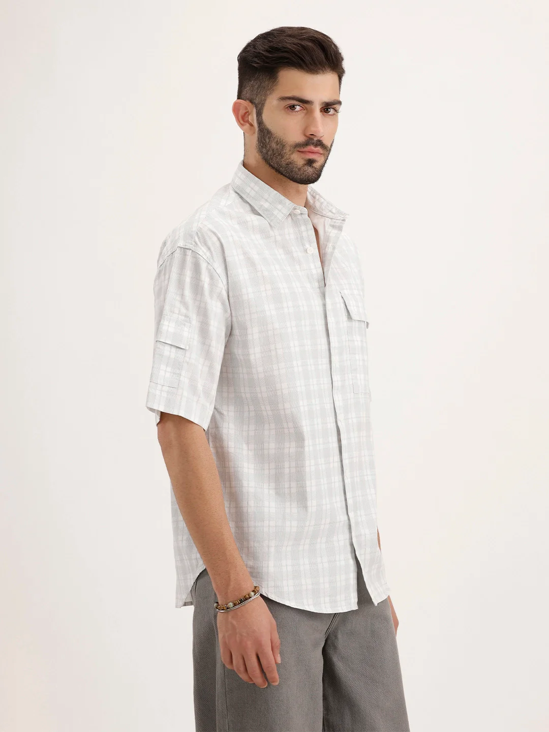 Oversized Fit Checkered Half Sleeve Shirt | White - Image 4