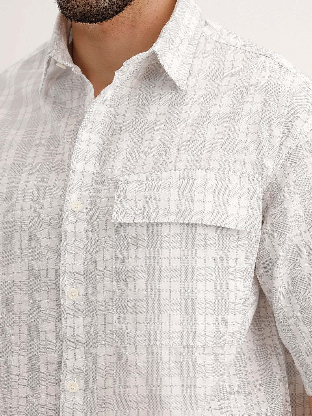 Oversized Fit Checkered Half Sleeve Shirt | White - Image 5