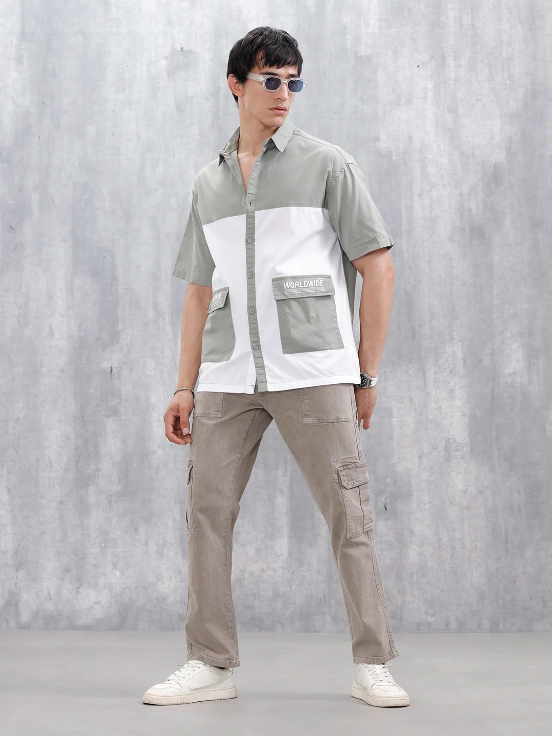 Oversized Fit Colourblock Shirt With Contrast Utility Pockets | White And Grey - Image 2