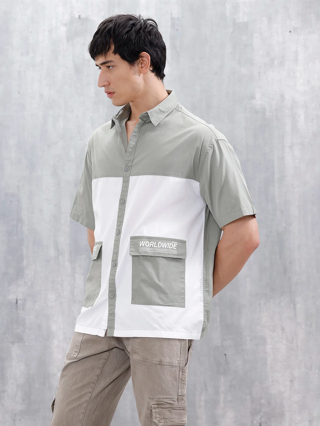Oversized Fit Colourblock Shirt With Contrast Utility Pockets | White And Grey - Image 4