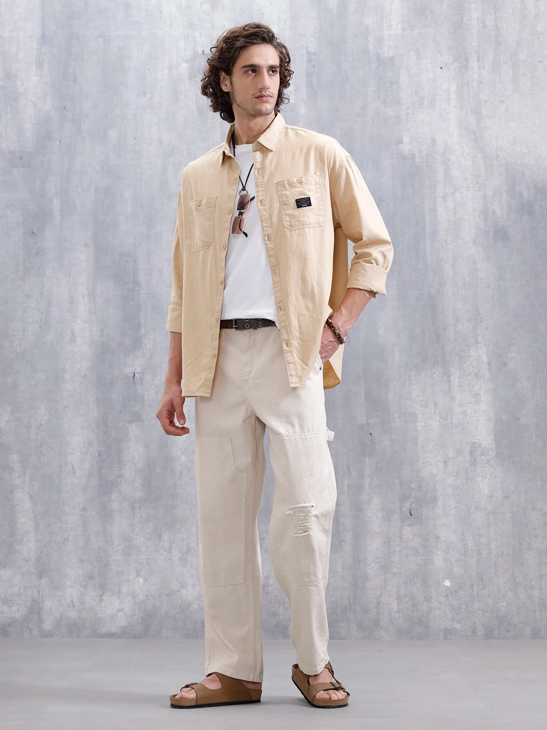 Oversized Fit Double Pocket Solid Shirt | Beige - Image 2