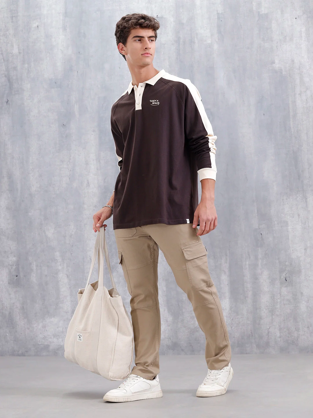 Oversized Fit Full Sleeve Sporty Polo T-Shirt | Dark Brown - Image 2