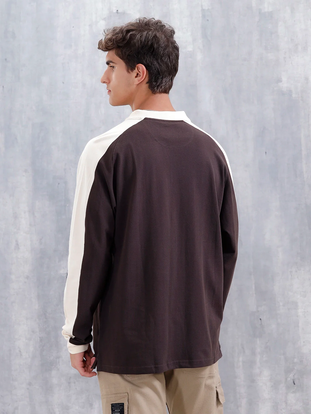 Oversized Fit Full Sleeve Sporty Polo T-Shirt | Dark Brown - Image 3