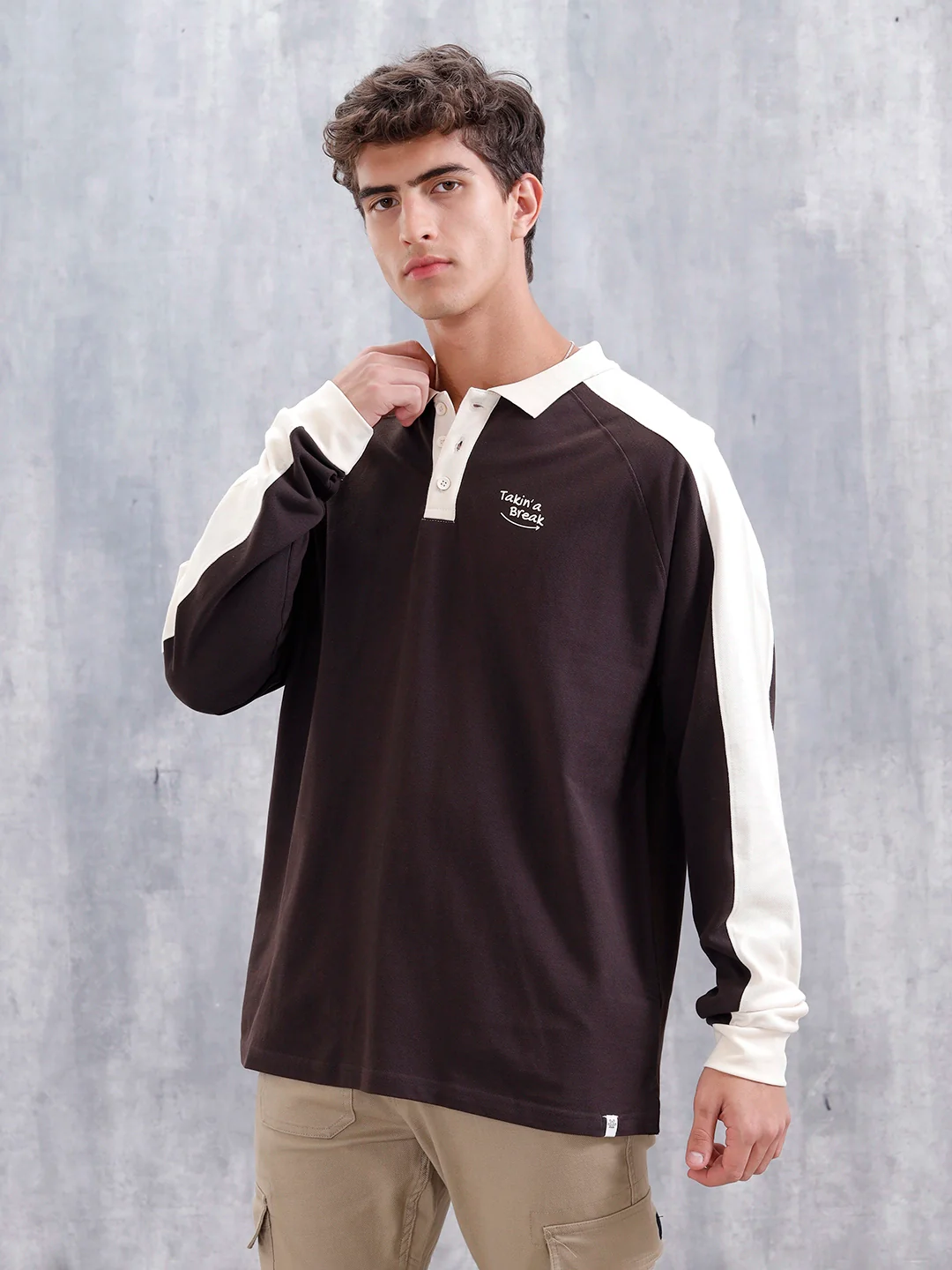 Oversized Fit Full Sleeve Sporty Polo T-Shirt | Dark Brown - Image 4