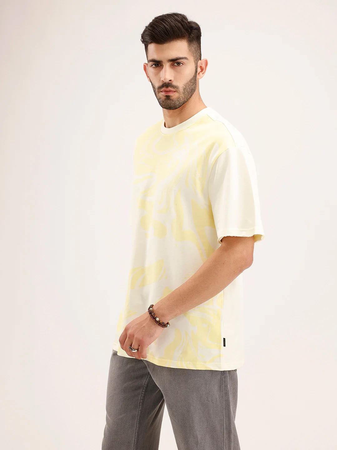 Oversized Fit Panel Printed T-Shirt | Light Yellow - Image 4