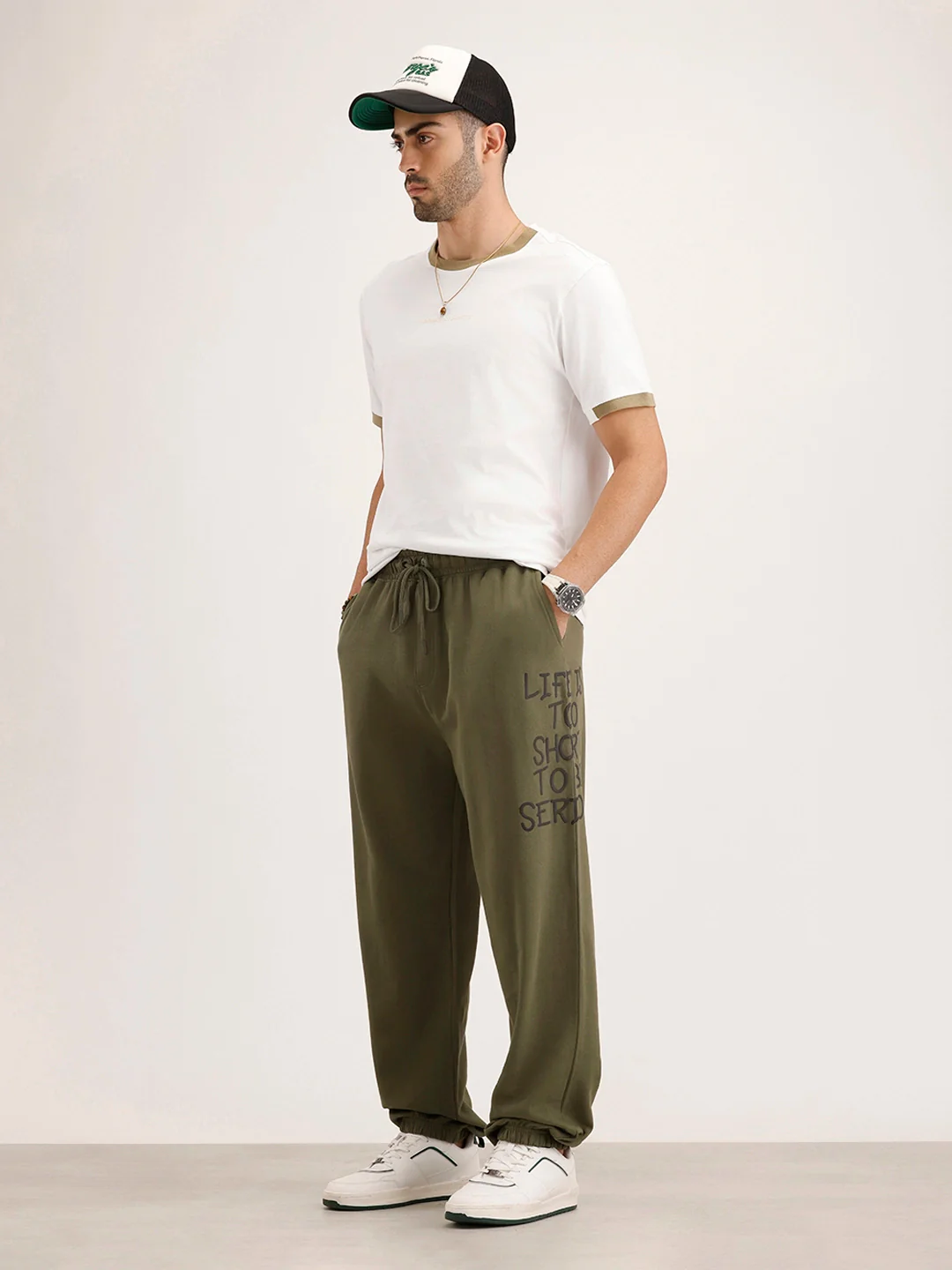 Oversized Fit Placement Printed Jogger | Olive - Image 2