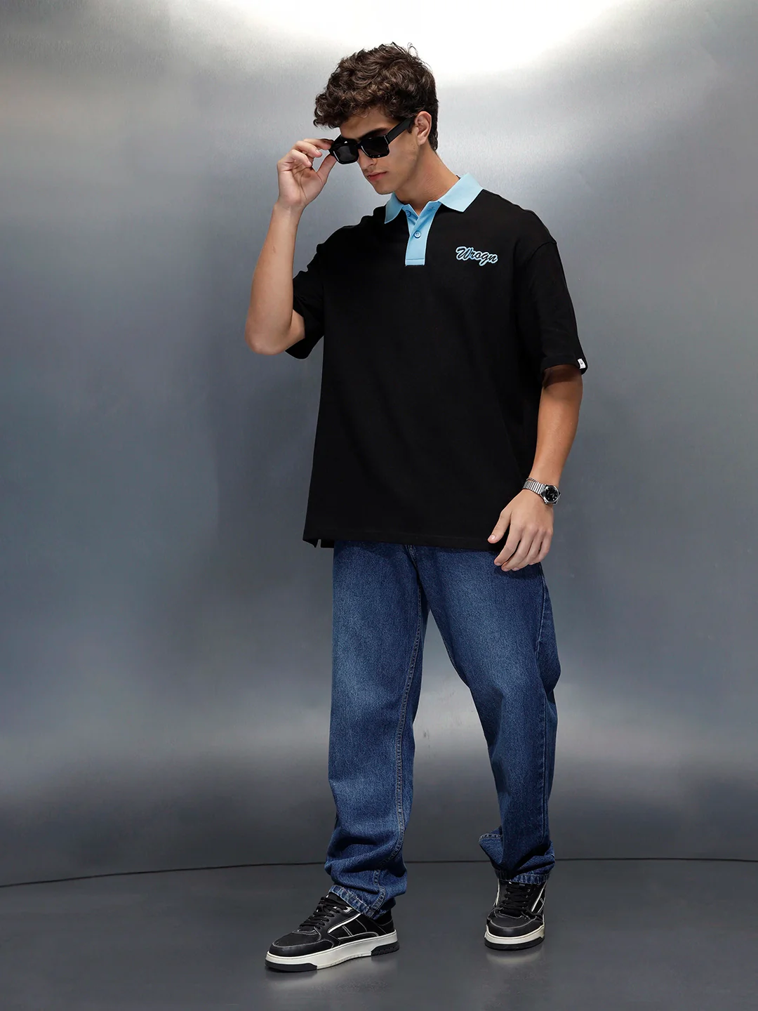 Oversized fit polo t-shirt with contrast collar | Black - Image 2