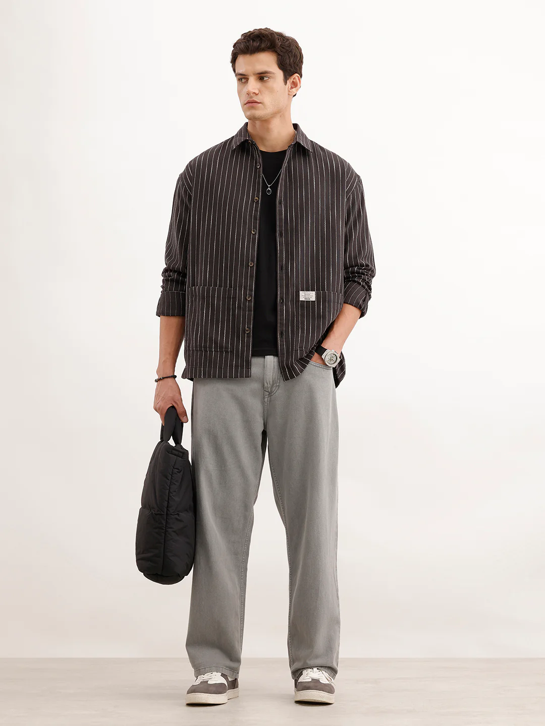 Oversized Fit Striped Double Pocket Shirt  | Black - Image 2