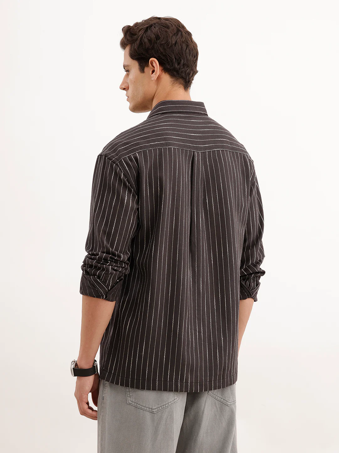 Oversized Fit Striped Double Pocket Shirt  | Black - Image 3