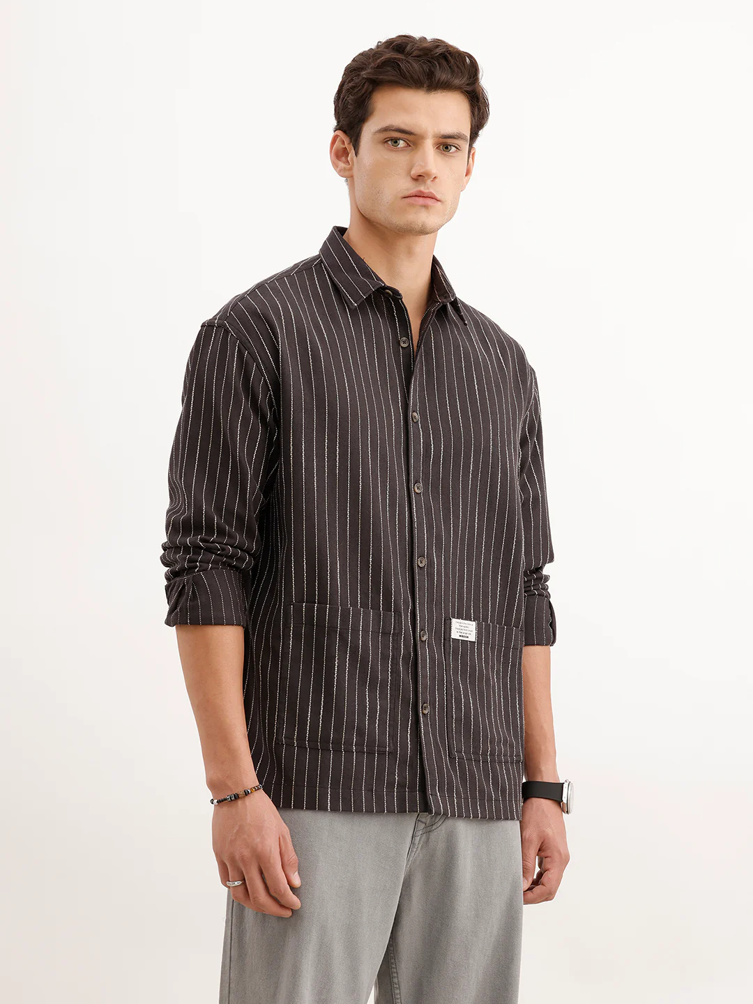 Oversized Fit Striped Double Pocket Shirt  | Black - Image 4