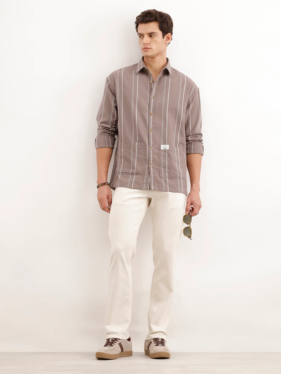Oversized Fit Striped Double Pocket Shirt  | Brown - Image 2