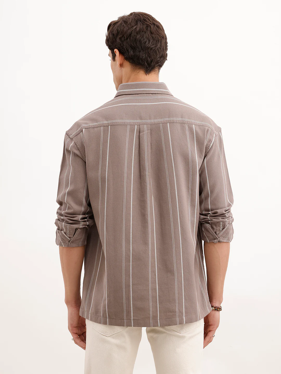 Oversized Fit Striped Double Pocket Shirt  | Brown - Image 3