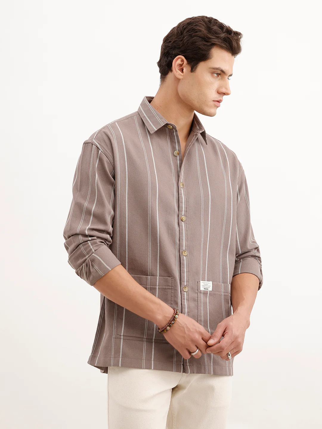 Oversized Fit Striped Double Pocket Shirt  | Brown - Image 4