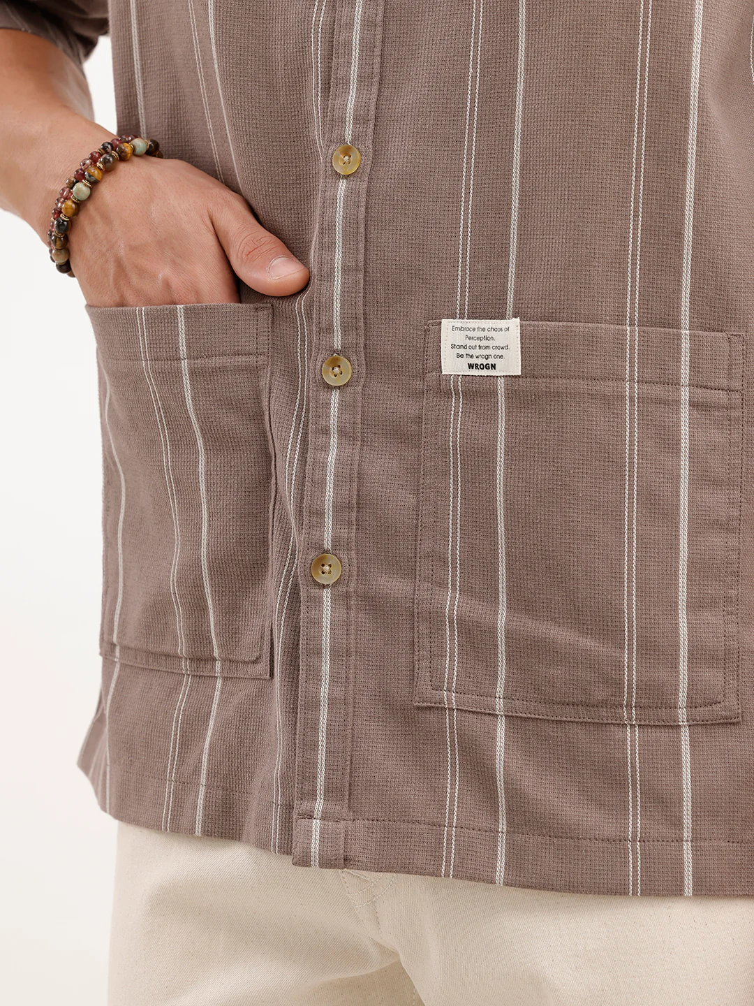 Oversized Fit Striped Double Pocket Shirt  | Brown - Image 5