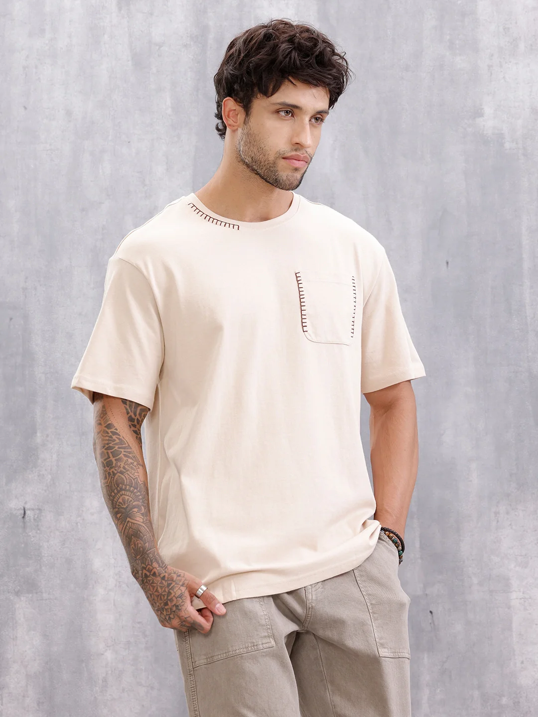 Oversized Fit T-Shirt With Thread Detail And Patch Pocket | Beige - Image 4