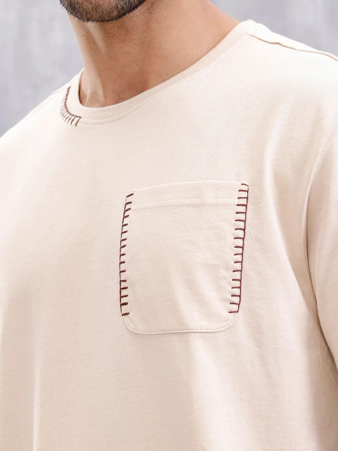 Oversized Fit T-Shirt With Thread Detail And Patch Pocket | Beige - Image 5